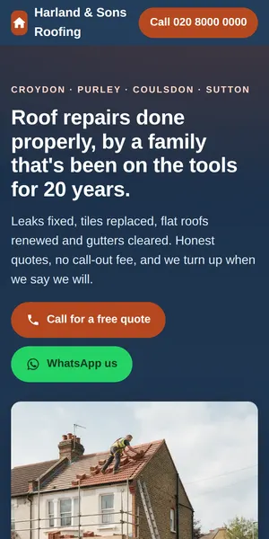 The example roofing website shown on a phone: headline, call button and WhatsApp button